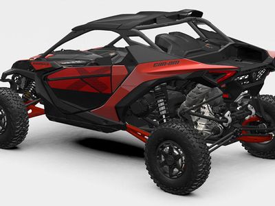 2026 Can-Am Maverick R X Legion Red — rear three-quarter view