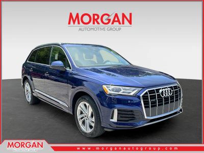 2021 Audi Q7 45 Premium Plus in Blue — front three-quarter view