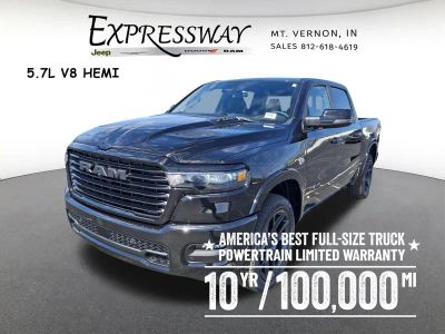 2026 RAM 1500 Laramie 4x4 Crew Cab 5'7 Box in Diamond Black Crystal Pearl-Coat Exterior Paint — front three-quarter view