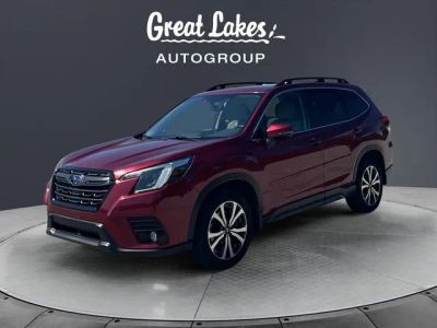 2023 Subaru Forester Limited in Crimson Red Pearl — front three-quarter view