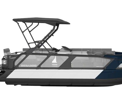 2026 Sea-Doo Switch Cruise 21 - 300 hp - Tech Package in Marine Blue / Galvanized Trailer — front three-quarter view