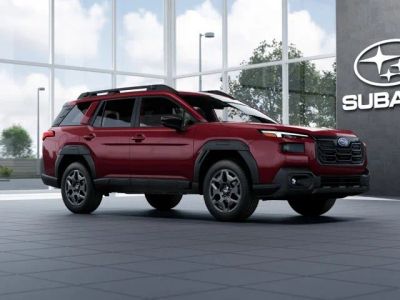 2026 Subaru OUTBACK Premium in Crimson Red Pearl — front three-quarter view