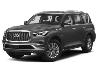 2018 INFINITI QX80 in Graphite Shadow — front three-quarter view