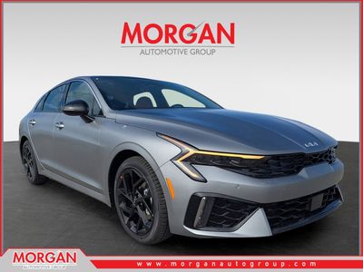 2026 Kia K5 GT-Line in Steel Matte Gray — front three-quarter view