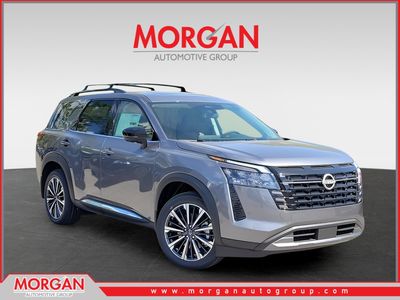 2026 Nissan Pathfinder Platinum in Gray — front three-quarter view