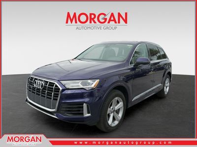 2022 Audi Q7 Premium in Galaxy Blue Metallic — front three-quarter view