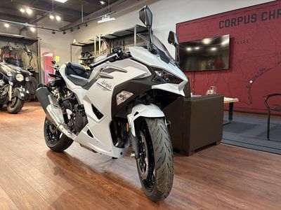 2025 Kawasaki Ninja 500 in Metallic Matte Whitish Silver/Metallic Moondust Gray — front three-quarter view