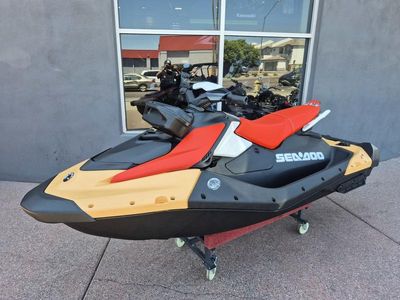 2025 Sea-Doo Spark for 3 Rotax 900 ACE - 90 CONV with IBR and Audio in SUNRISE ORANGE / DRAGON RED — front three-quarter view