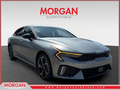 2026 Kia K5 GT-Line in Steel Matte Gray — front three-quarter view