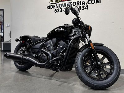2025 Indian Motorcycle Scout Bobber Black Metallic in BLACK METALLIC — front three-quarter view