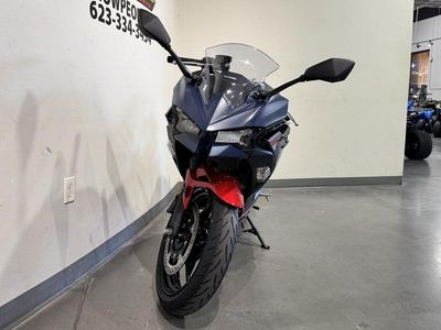 2026 Kawasaki Ninja 500 ABS Metallic Matte Twilight Blue — rear three-quarter view