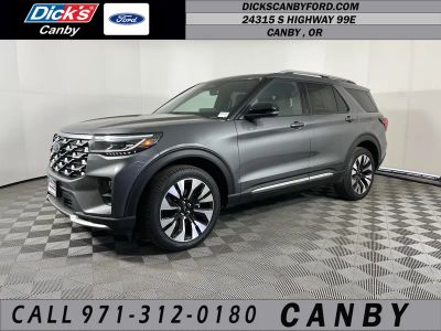 2025 Ford Explorer Platinum in Gray — front three-quarter view