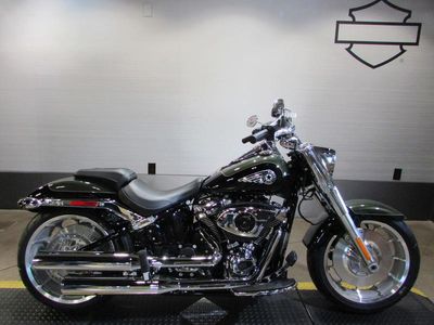 2026 Harley-Davidson FLFB - Fat Boy in OLIV STL MTL BLACK — front three-quarter view