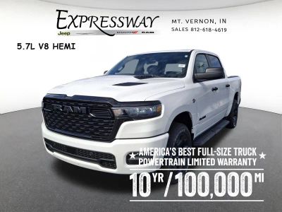 2026 RAM 1500 Express 4x4 Crew Cab 5'7 Box in Bright White Clear-Coat Exterior Paint — front three-quarter view