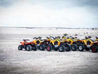 Several yellow atvs parked in a desert