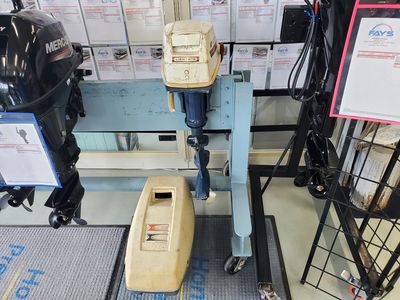 1969 EVINRUDE 4HP FOLDING LIGHTWIN #4902B W/ WEEDLESS G/C, SUITCASE & 3GL TANK/HOSE — side profile view