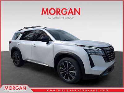 2026 Nissan Pathfinder Platinum in White — front three-quarter view