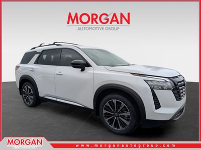 2026 Nissan Pathfinder Platinum in White — front three-quarter view