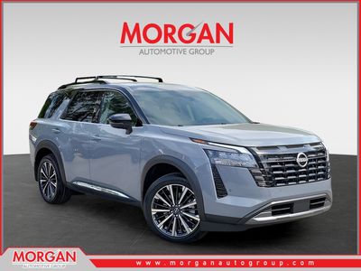2026 Nissan Pathfinder Platinum in Gray — front three-quarter view