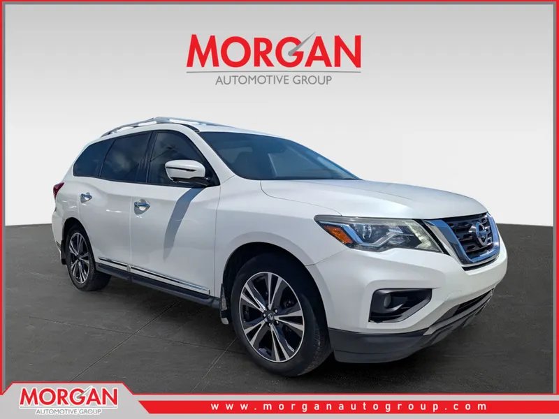 2017 Nissan Pathfinder Platinum in White — front three-quarter view