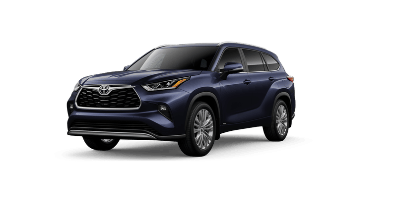 2026 Toyota Highlander Hybrid Platinum in Blueprint — front three-quarter view
