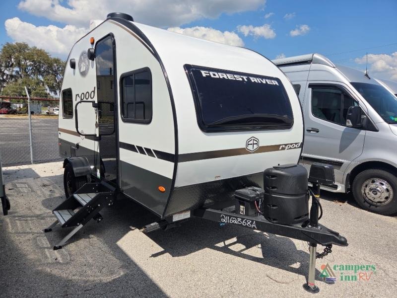2025 Forest River RV R Pod in WHITE & GRAPHITE EXTERIOR — front three-quarter view