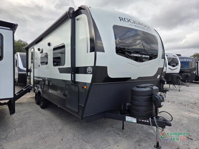 2026 Forest River RV Rockwood Mini Lite in White fiberglass with graphics — front three-quarter view