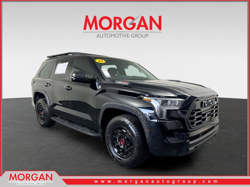 2025 Toyota Sequoia TRD Pro in Midnight Black Metallic — front three-quarter view