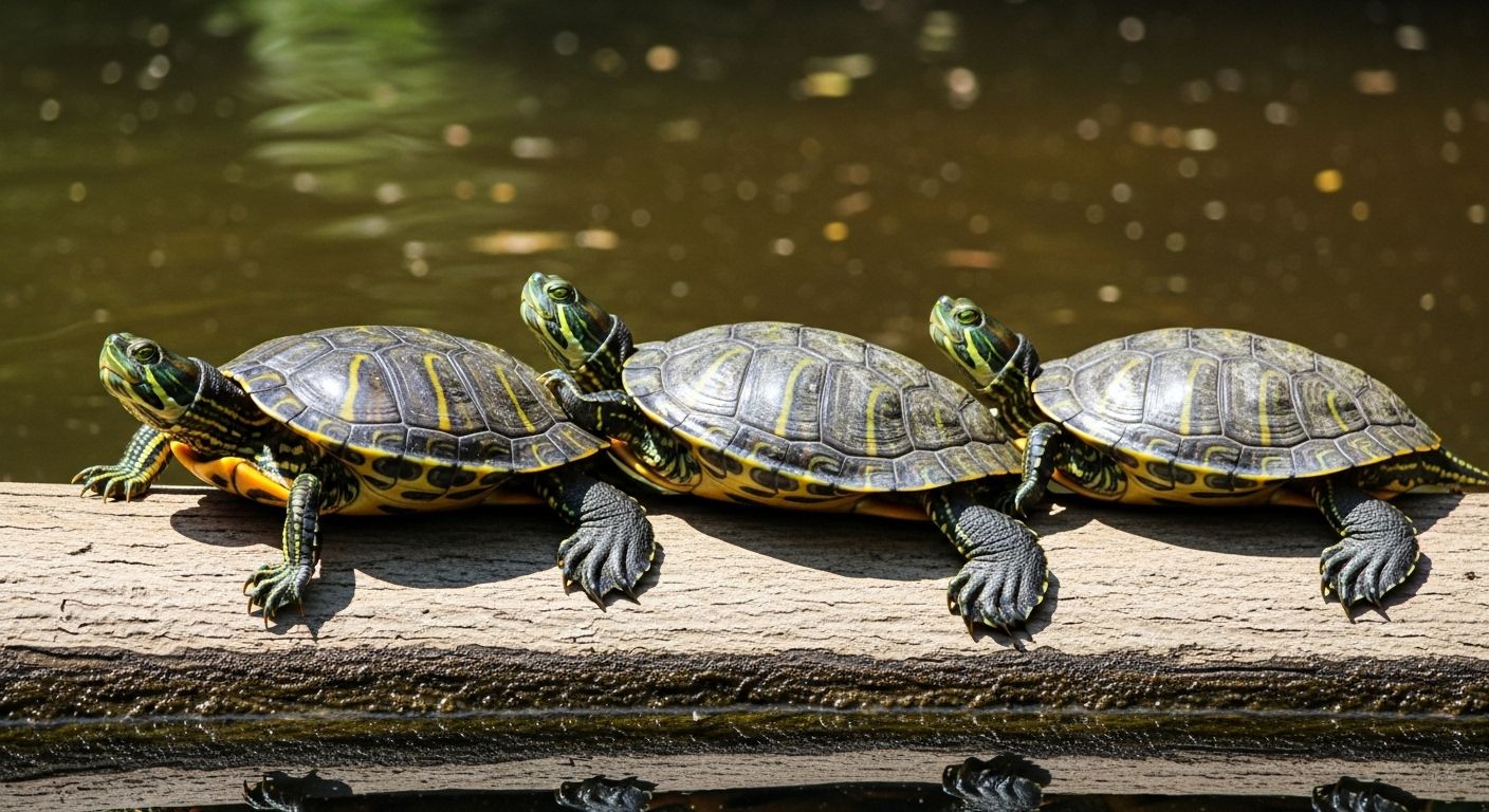 green slider turtles basking on a sunlit log in a freshwater pond