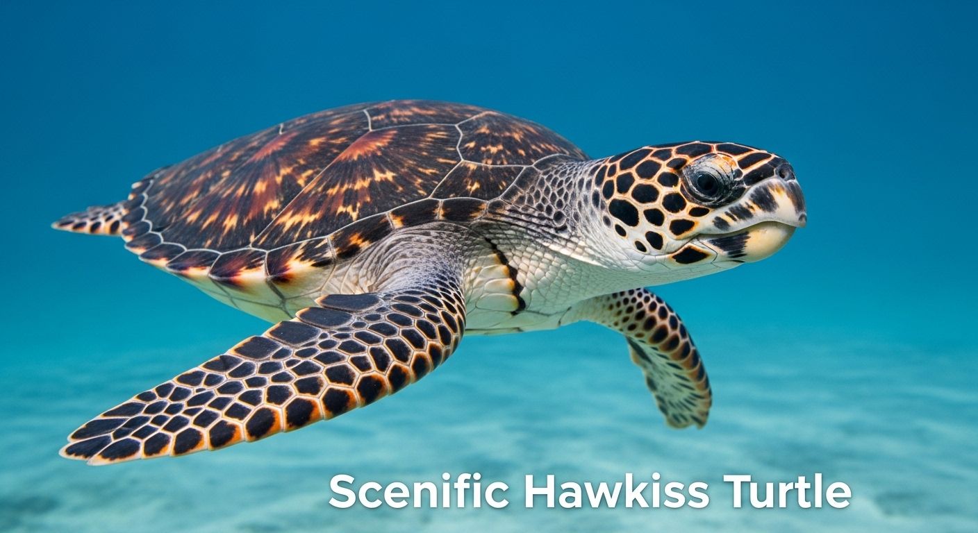 scientific name for hawksbill turtle Eretmochelys imbricata swimming near coral reef