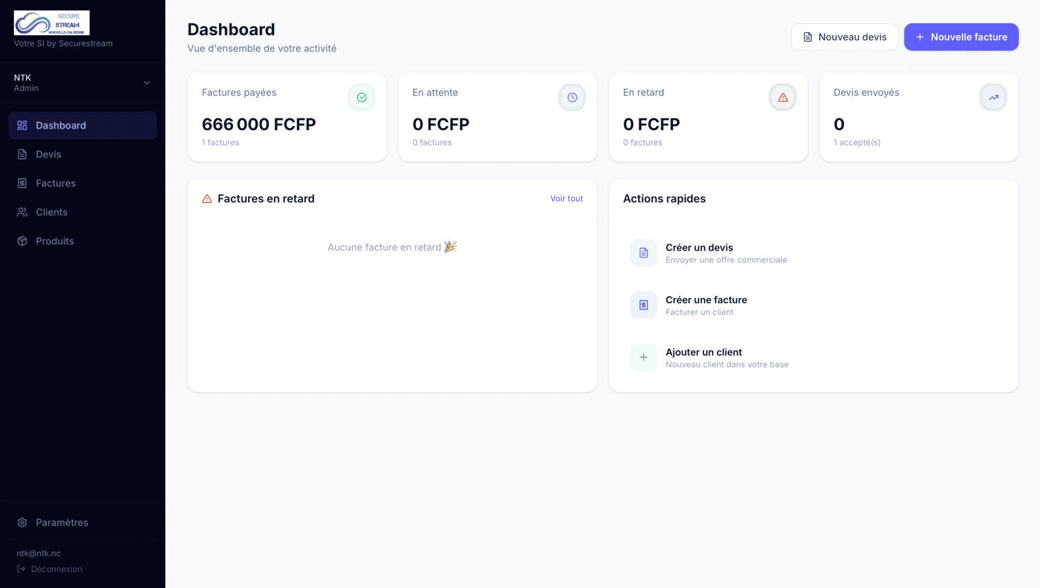 Interface SecureStream SI — Logiciel Devis & Facturation