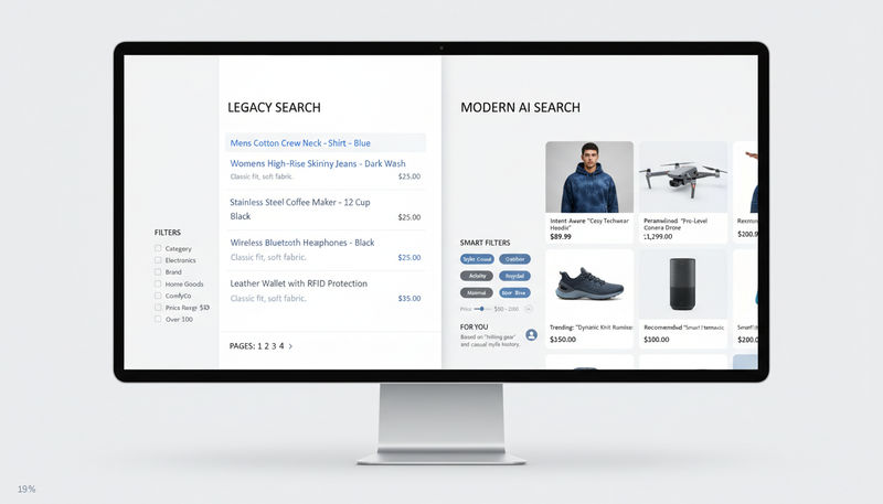 Side-by-side comparison of a legacy ecommerce search interface and a modern AI-powered search interface