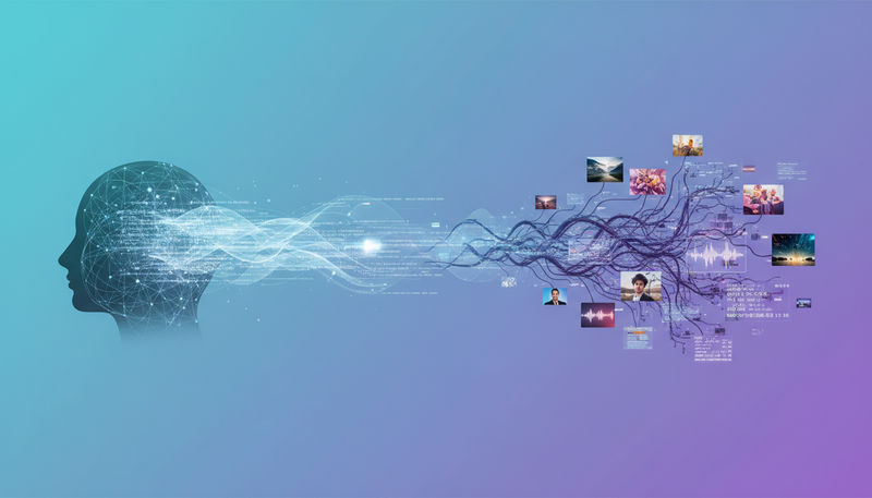 Side-by-side conceptual illustration showing an LLM producing flowing text streams next to a generative AI system producing images, audio, and structured data outputs