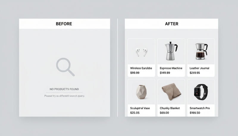 Side-by-side comparison showing a legacy zero-results page on the left and the same query returning relevant product cards via AI search on the right