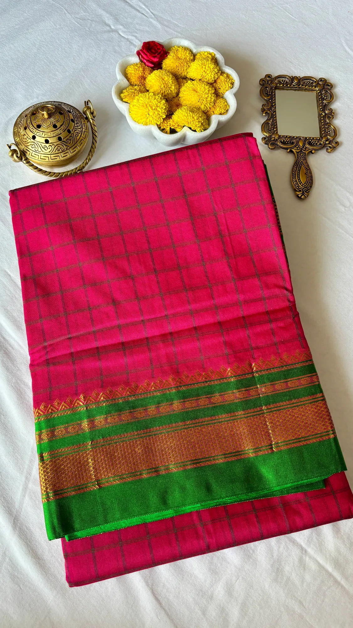 Premium Tana Silk Ilkal Saree - Pink - Green - Macro Checks