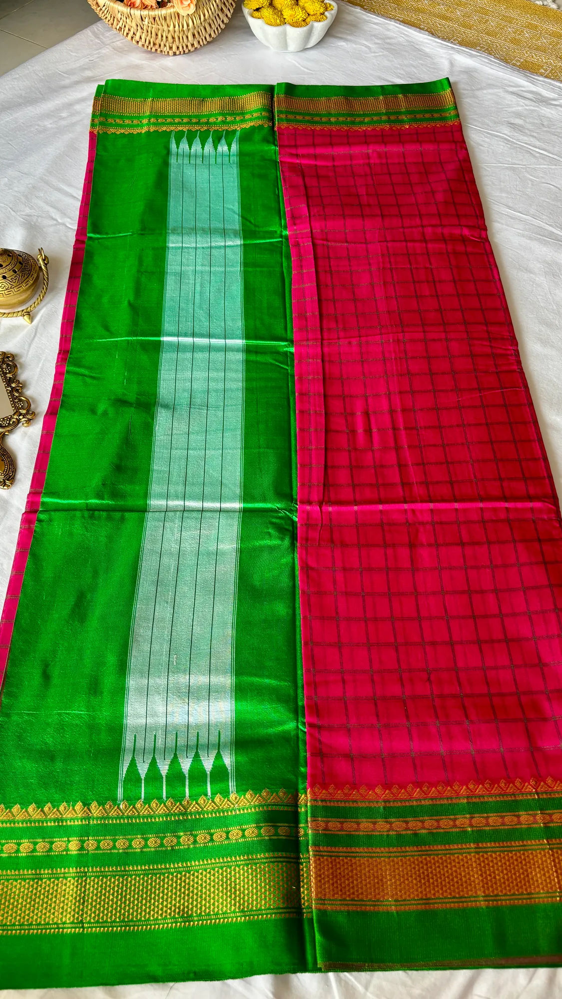 Premium Tana Silk Ilkal Saree - Pink - Green - Macro Checks authentic saree - view 2