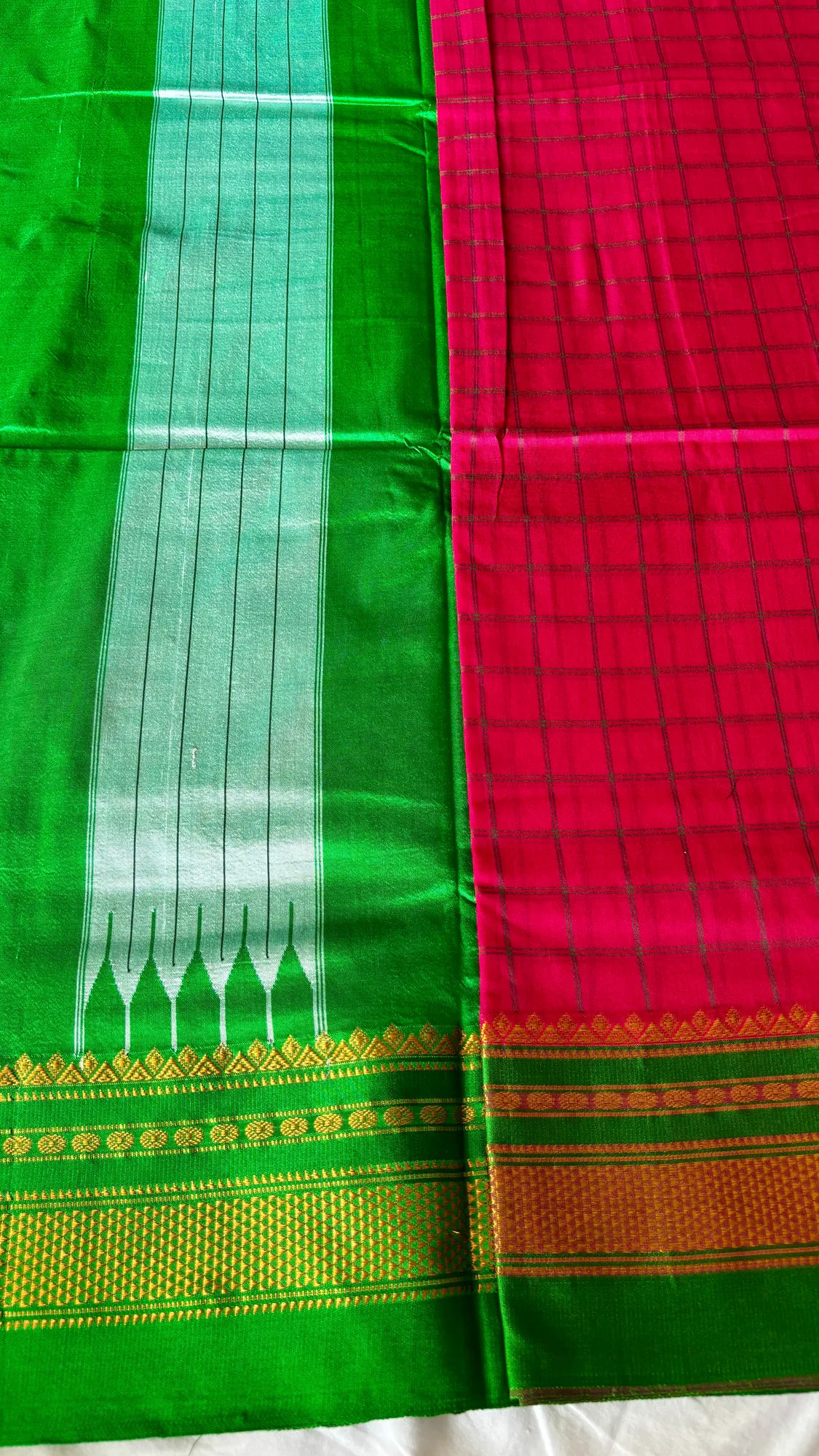 Premium Tana Silk Ilkal Saree - Pink - Green - Macro Checks authentic saree - view 3