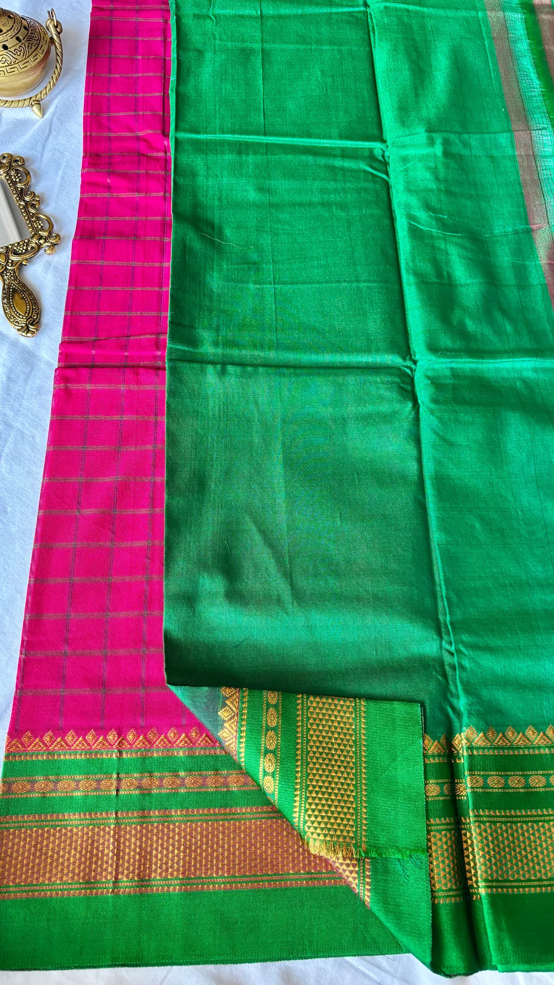 Premium Tana Silk Ilkal Saree - Pink - Green - Macro Checks authentic saree - view 4