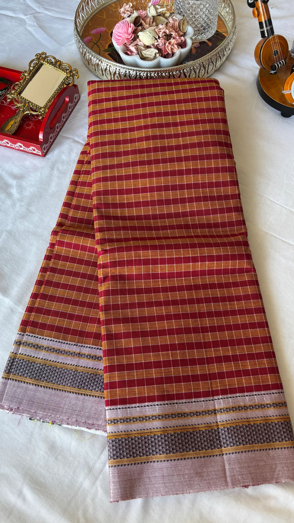 Chikki Paras Pure Cotton Handloom Ilkal Saree - Rustic Red/Orange - Checks - Silk Pallu