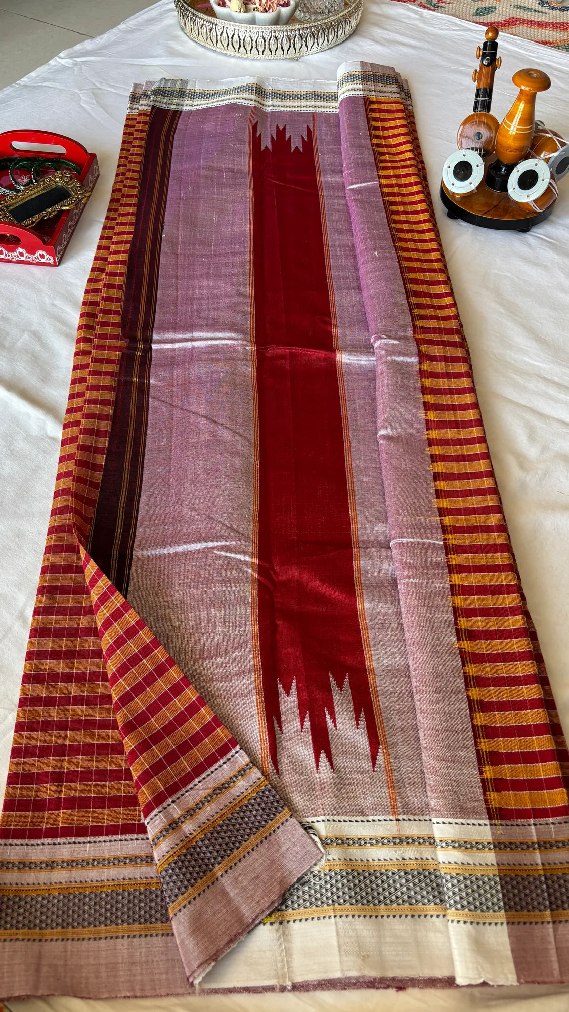 Chikki Paras Pure Cotton Handloom Ilkal Saree - Rustic Red/Orange - Checks - Silk Pallu authentic saree - view 2