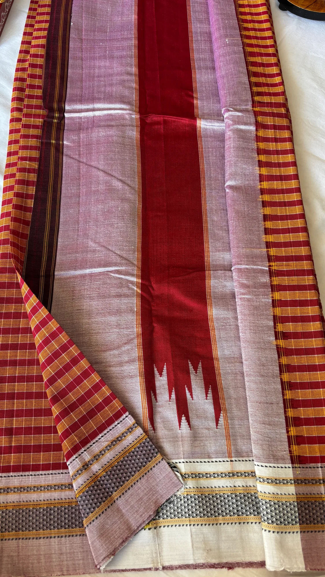 Chikki Paras Pure Cotton Handloom Ilkal Saree - Rustic Red/Orange - Checks - Silk Pallu authentic saree - view 3