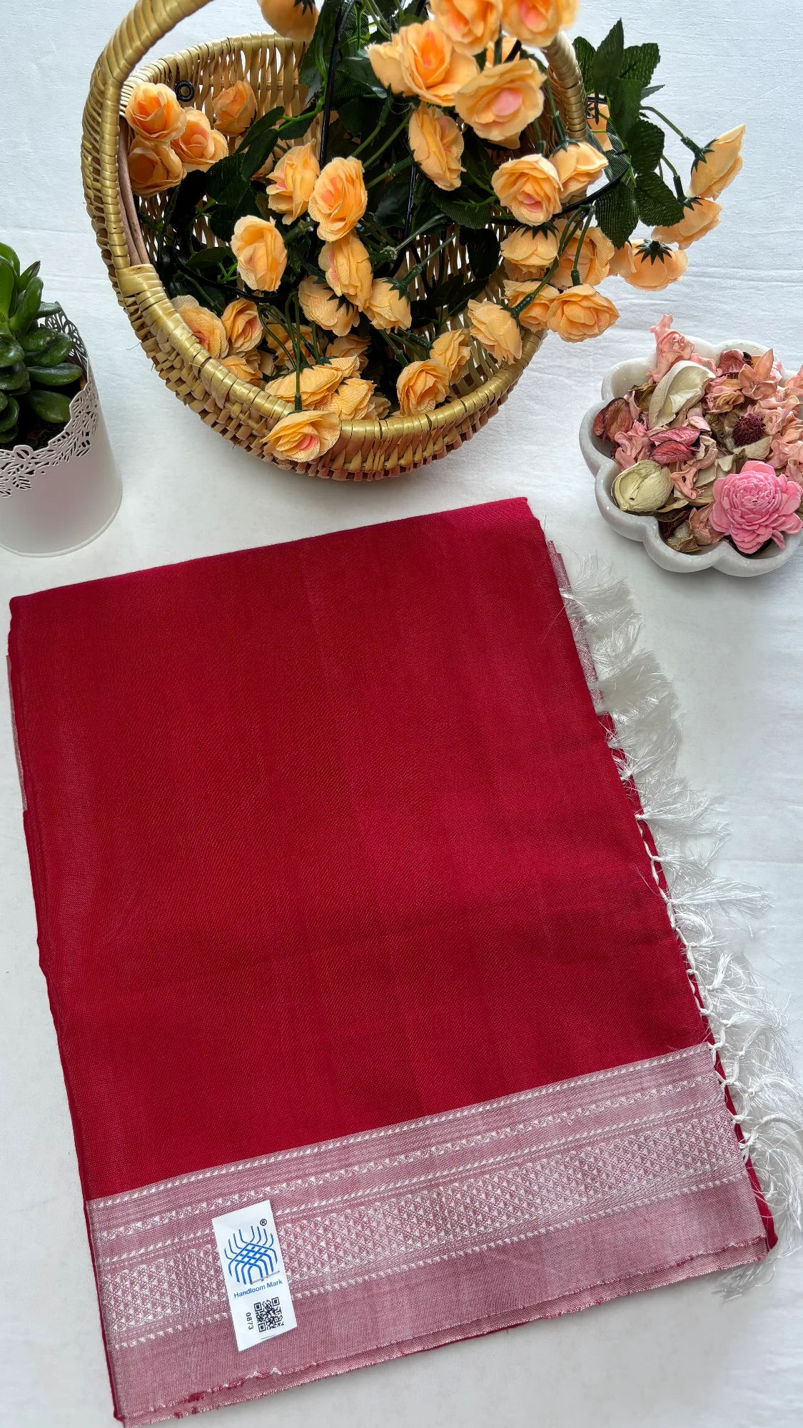 Viscose Cotton Handloom Ilkal Saree - Red - Light Pink Chikki Paras Border