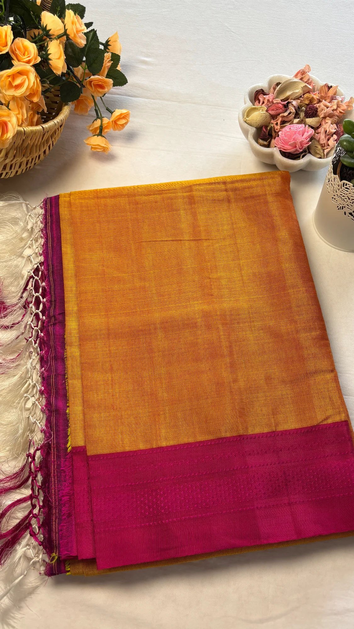 Viscose Cotton Handloom Ilkal Saree - Mango Yellow - Pink Chikki Paras Border
