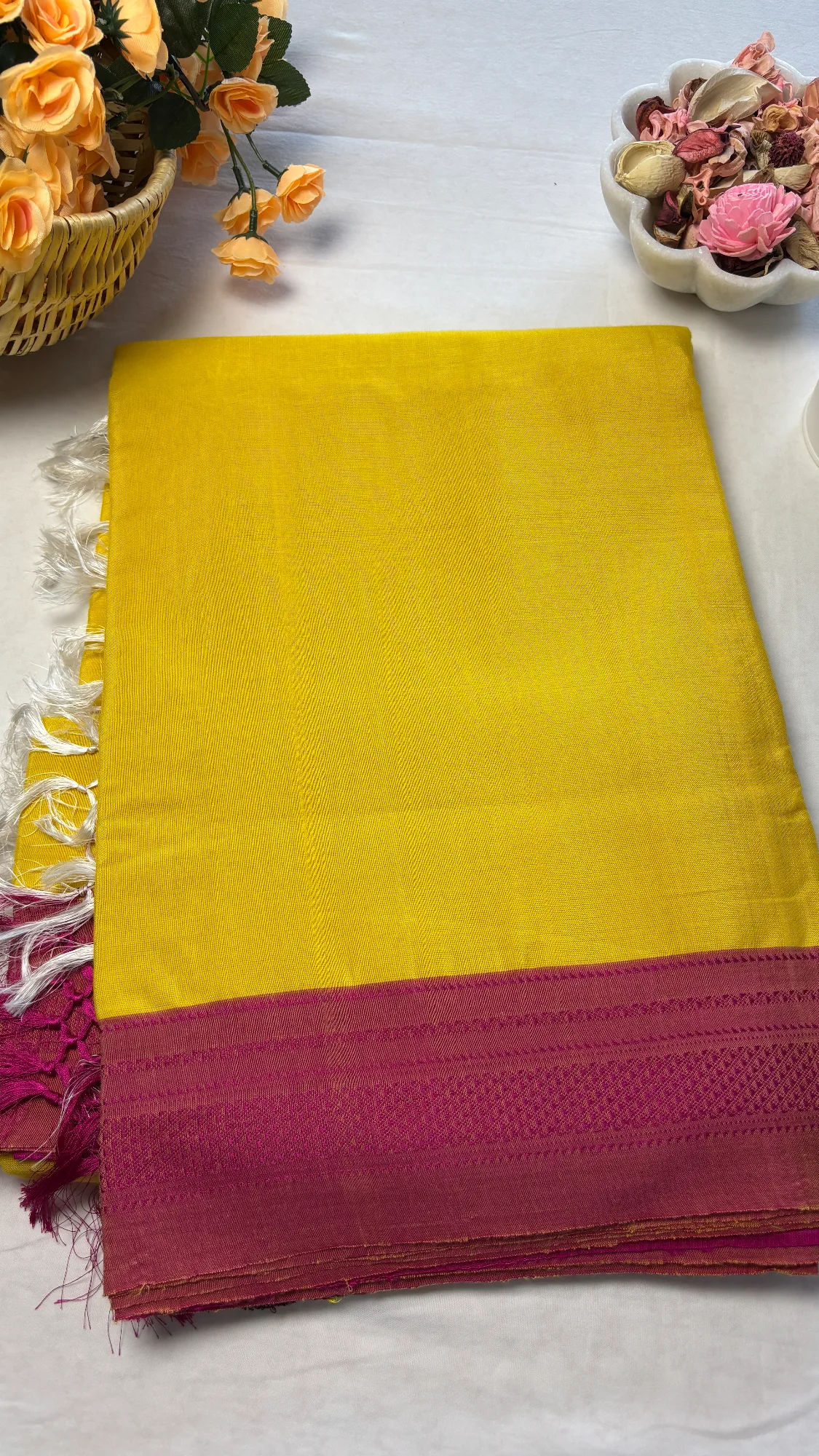 Viscose Cotton Handloom Ilkal Saree - Light Yellow - Pink Chikki Paras Border