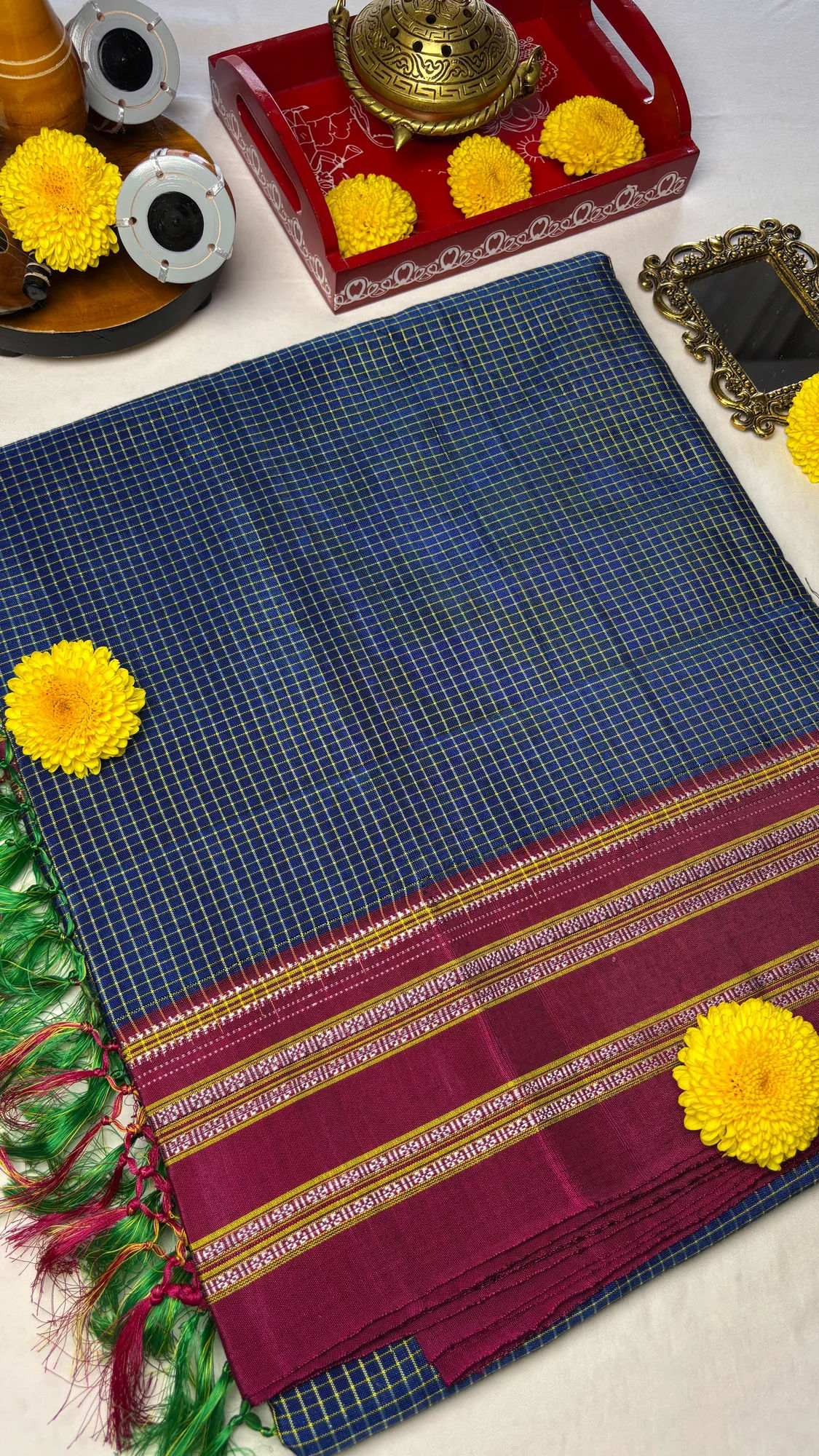 Gayatri Border Viscose Cotton Handloom Ilkal Saree - Blue - Pinkish Maroon - Yellow Checks