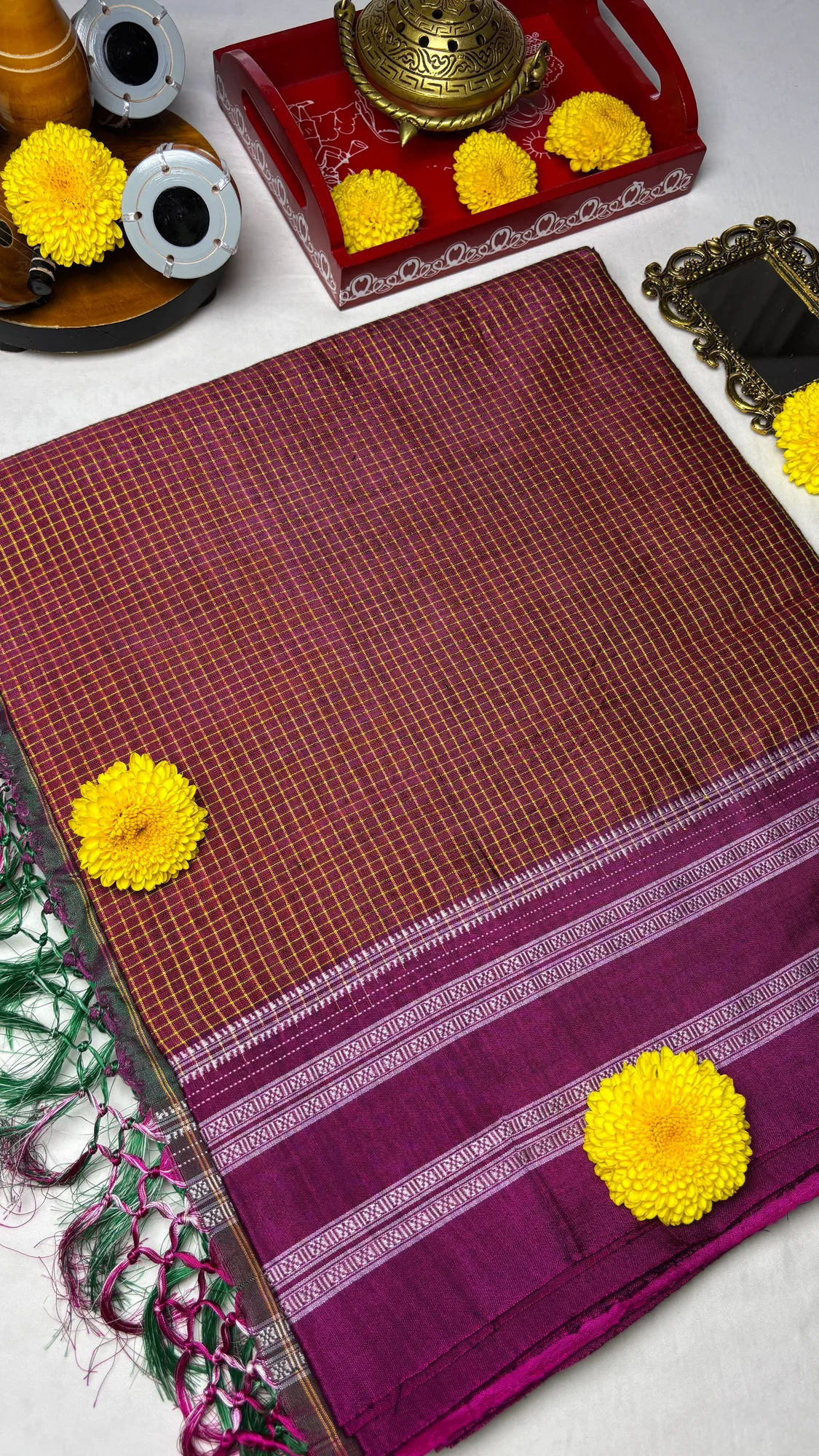 Gayatri Border Viscose Cotton Handloom Ilkal Saree - Brown - Magenta Purple - Checks