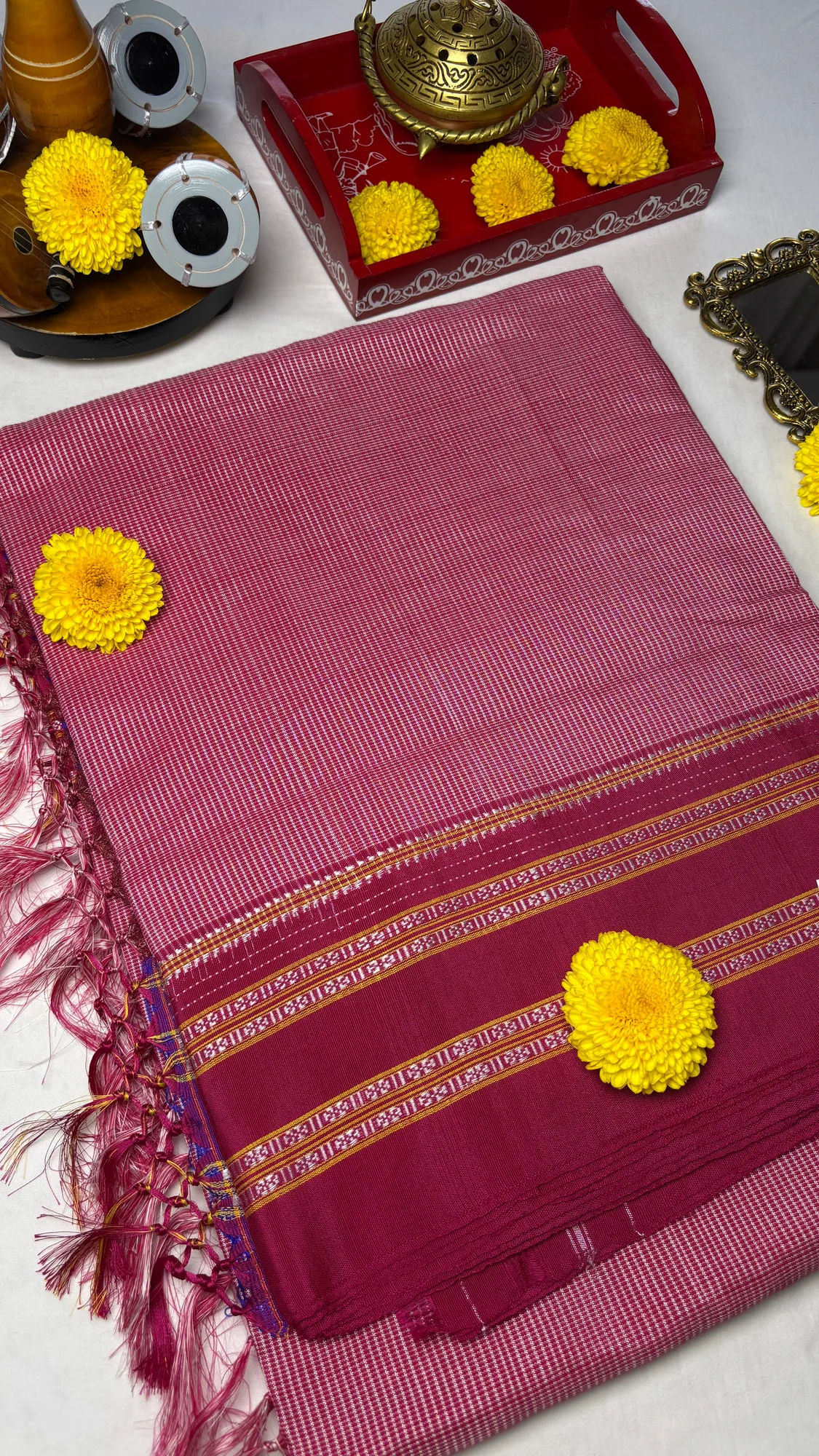 Gayatri Border Viscose Cotton Handloom Ilkal Saree - Light Pink - Dark Pink - Micro Checks