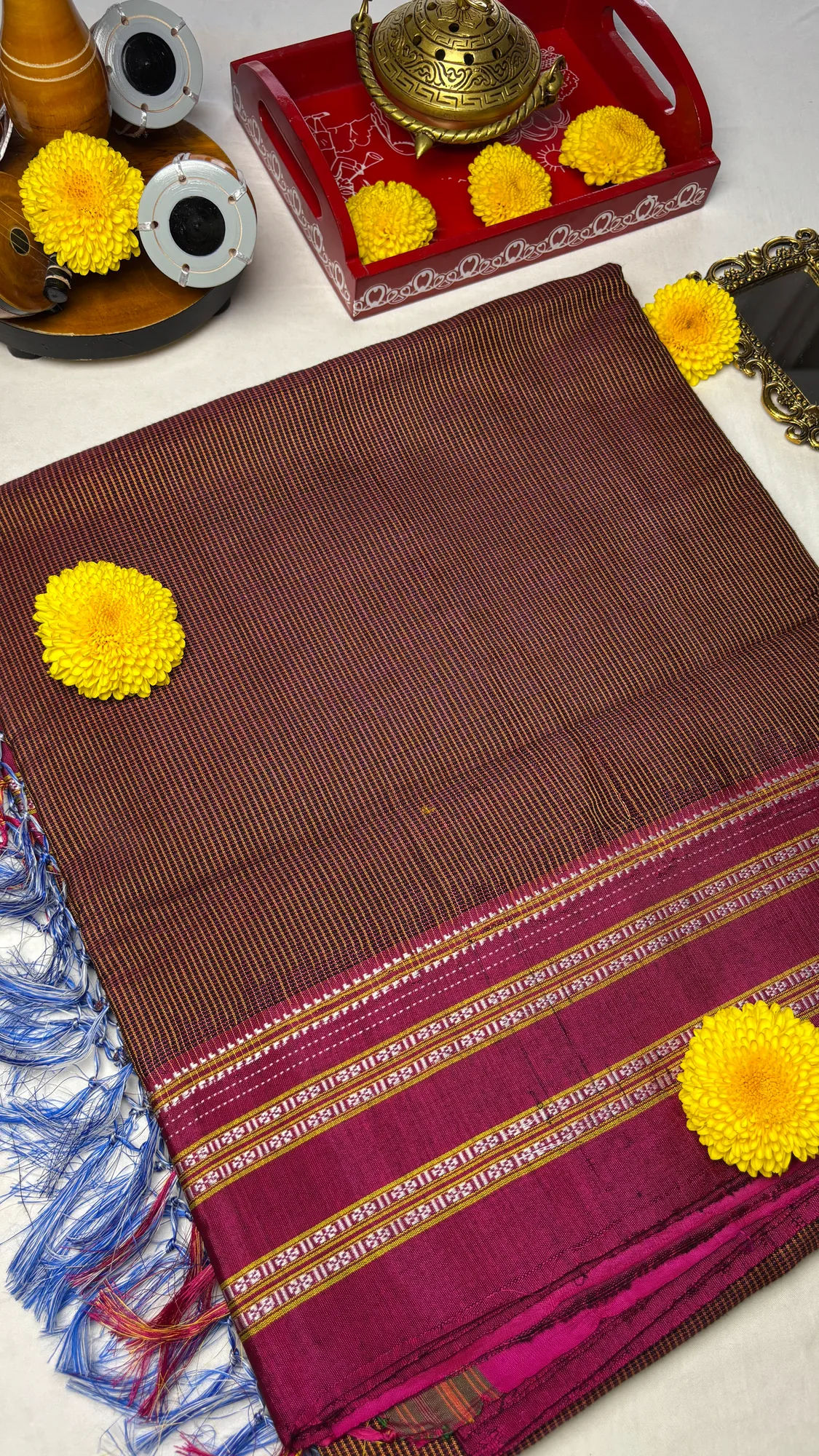 Gayatri Border Viscose Cotton Handloom Ilkal Saree - Dark Brown - Dark Pink - Micro Checks