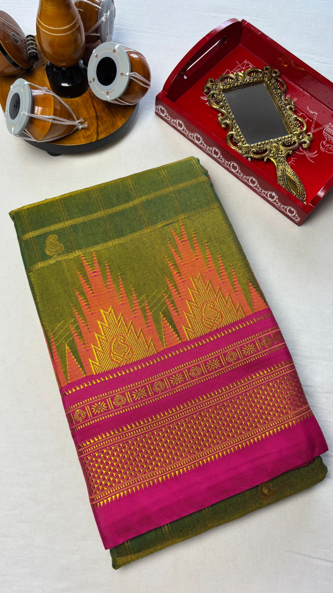 Tana Silk Ilkal Saree - Dark Olive Green - Pink authentic saree - view 2