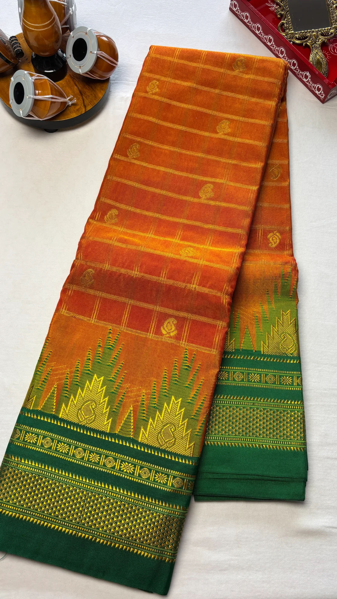 Tana Silk Ilkal Saree - Orange - Green